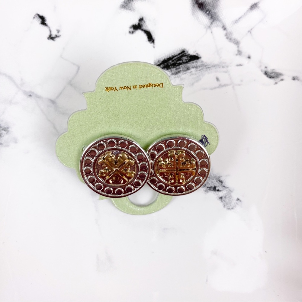 💕 Gold and Silver Two Tone Cross Disc Post Earrings